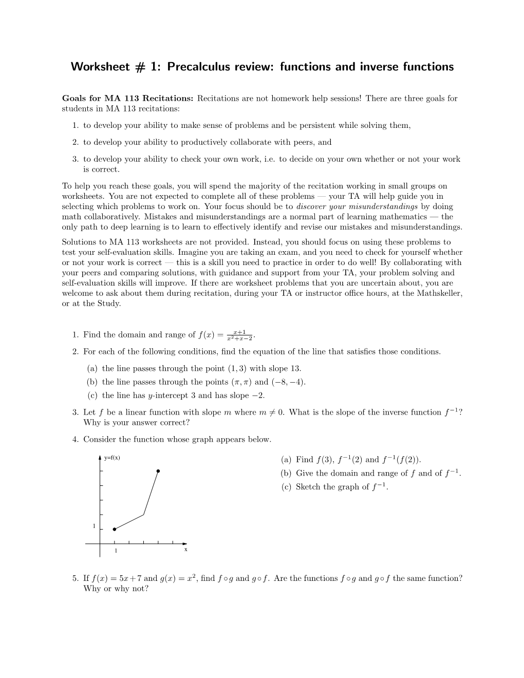 Worksheet # 1: Precalculus Review: Functions and Inverse Functions