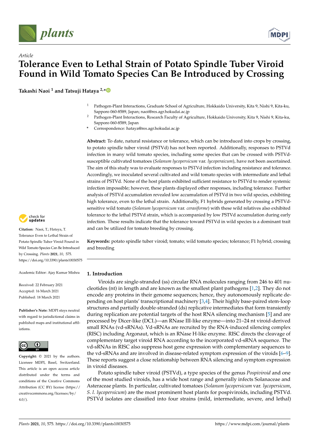 Tolerance Even to Lethal Strain of Potato Spindle Tuber Viroid Found in Wild Tomato Species Can Be Introduced by Crossing