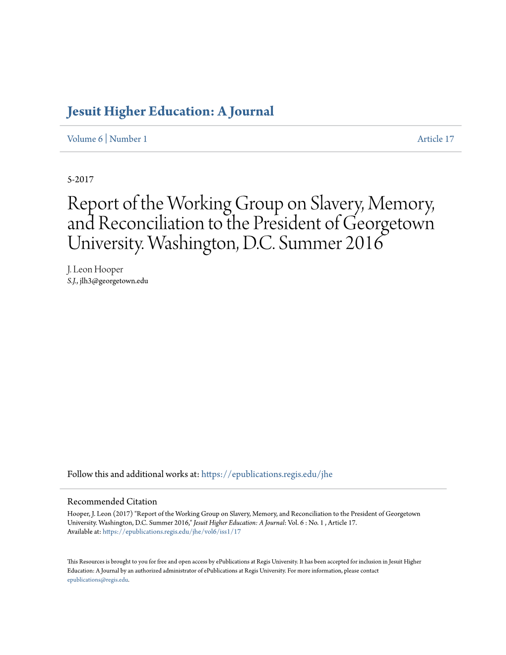 Report of the Working Group on Slavery, Memory, and Reconciliation to the President of Georgetown University