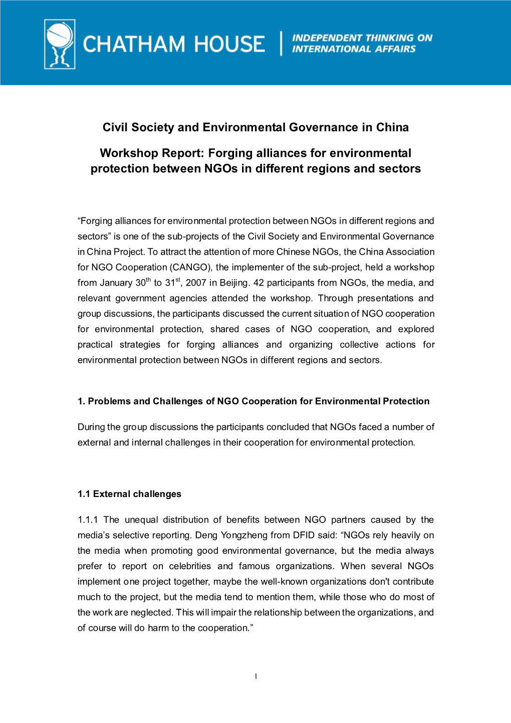 Civil Society and Environmental Governance in China Workshop
