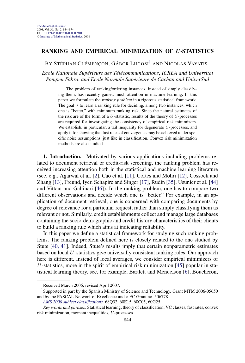 Ranking and Empirical Minimization of U-Statistics