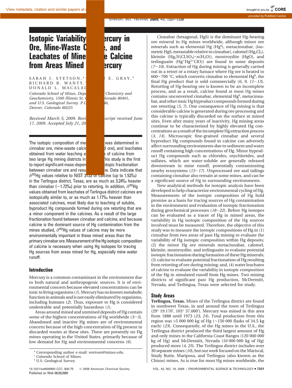 Isotopic Variability of Mercury in Ore, Mine-Waste Calcine, and Leachates of Mine-Waste Calcine from Areas Mined for Mercury