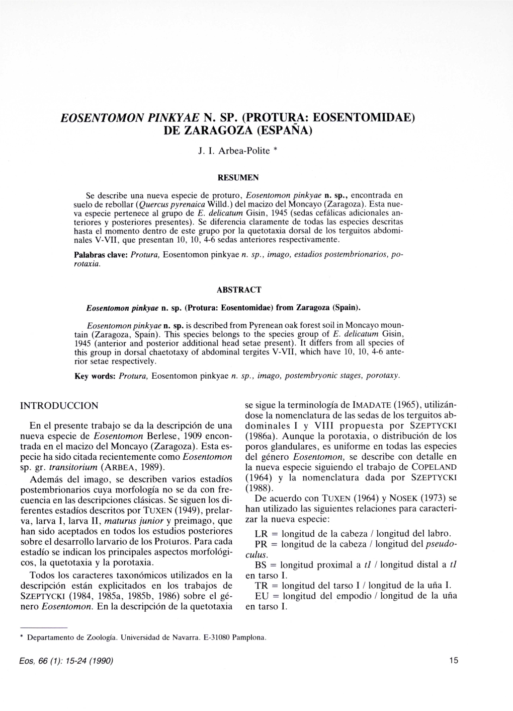 Eosentomon Pinkyae N. Sp. (Protura: Eosentomidae) De Zaragoza (España) J