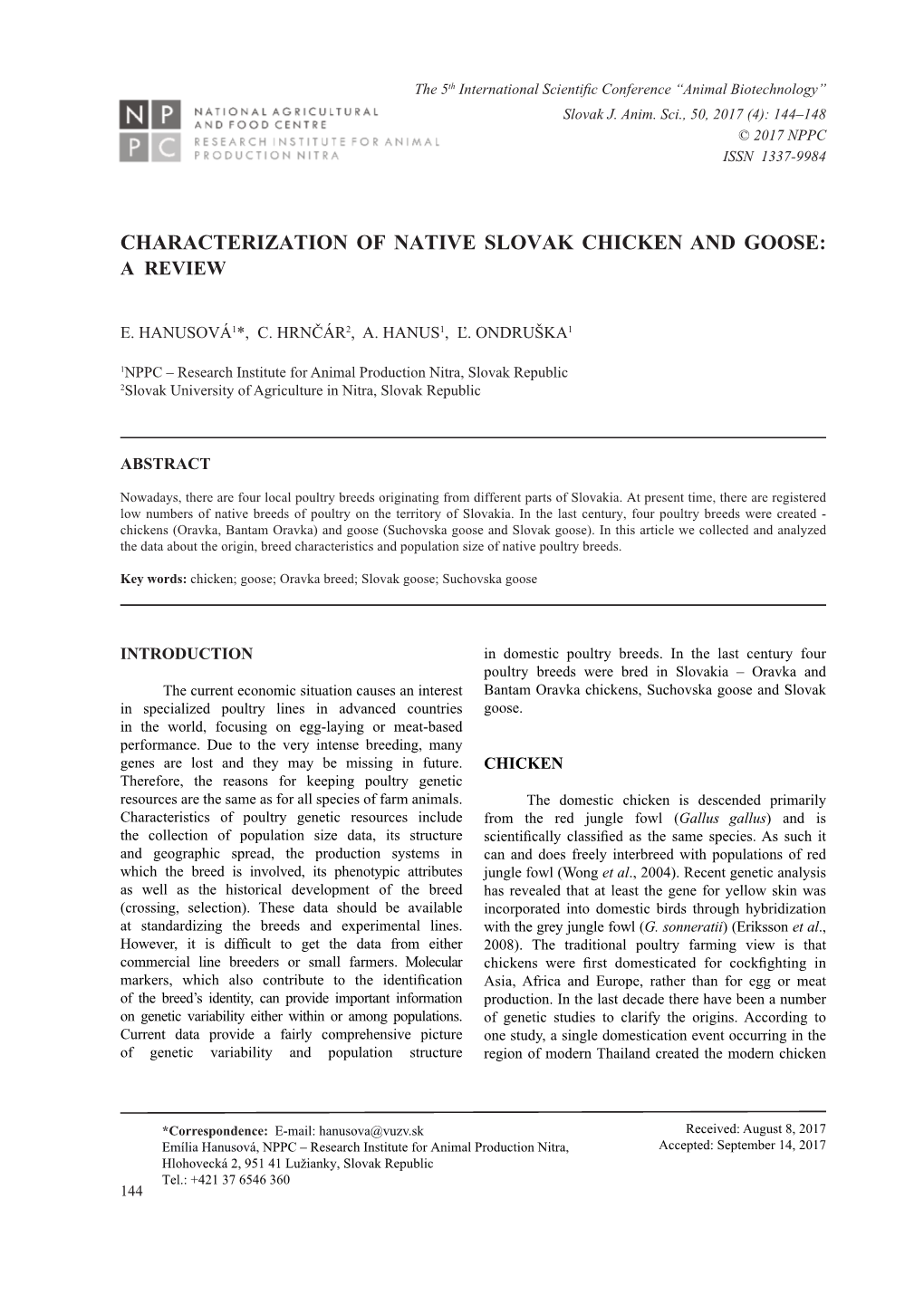 CHARACTERIZATION of NATIVE SLOVAK CHICKEN and GOOSE: a Review