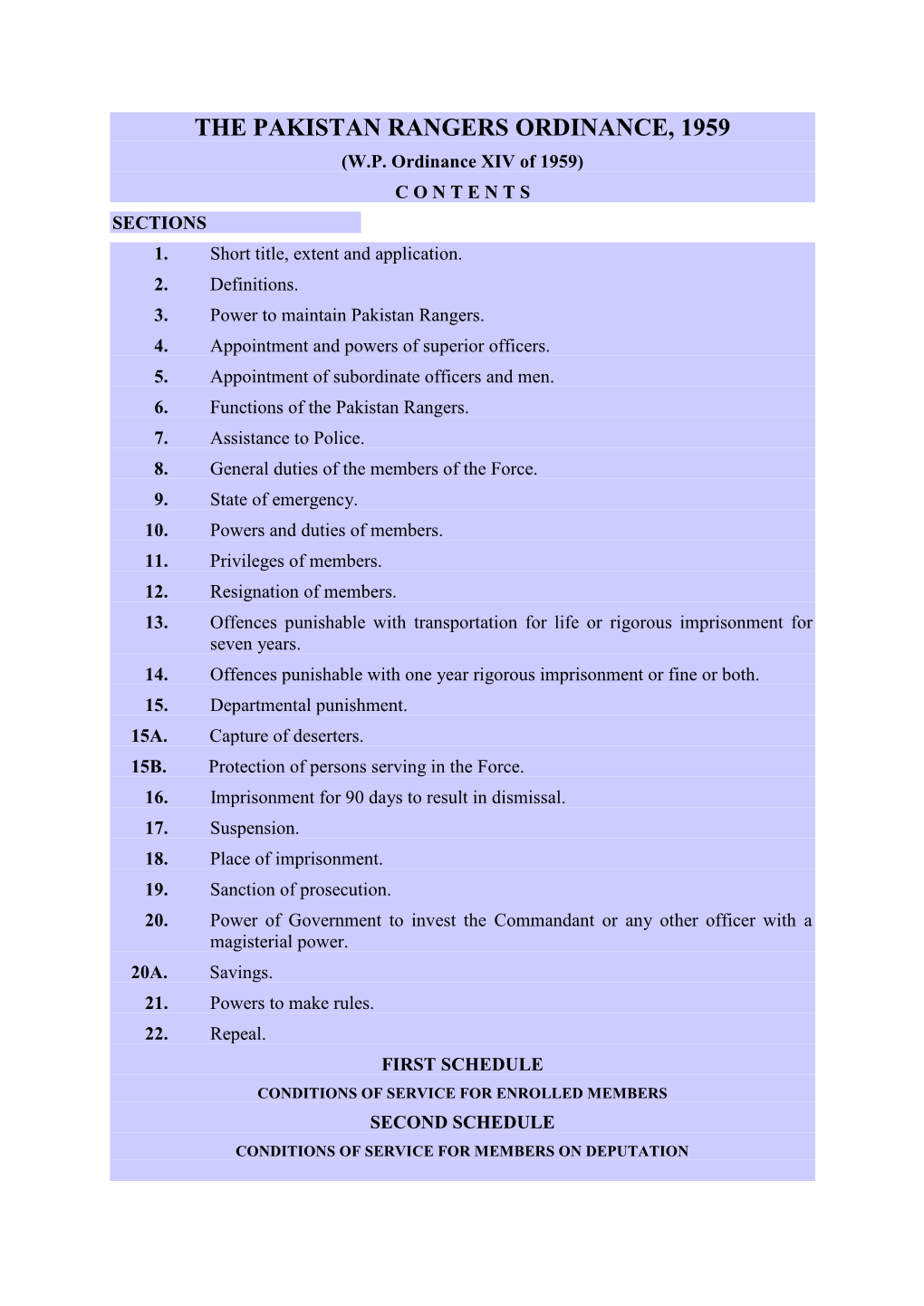 The Pakistan Rangers Ordinance, 1959 (W.P