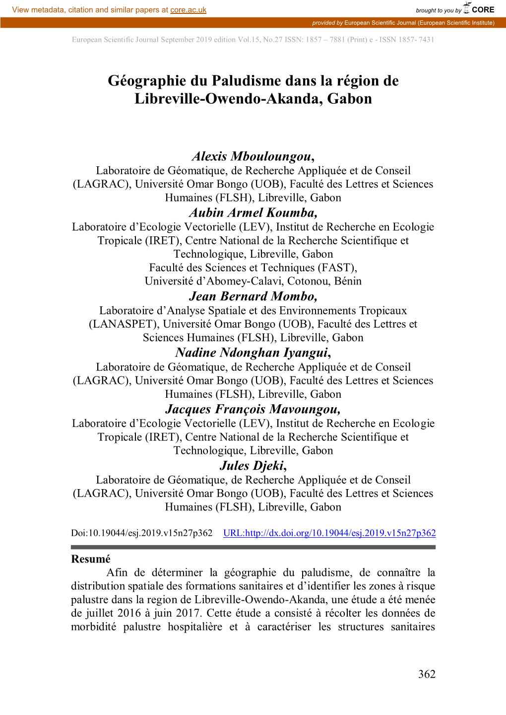 Géographie Du Paludisme Dans La Région De Libreville-Owendo-Akanda, Gabon