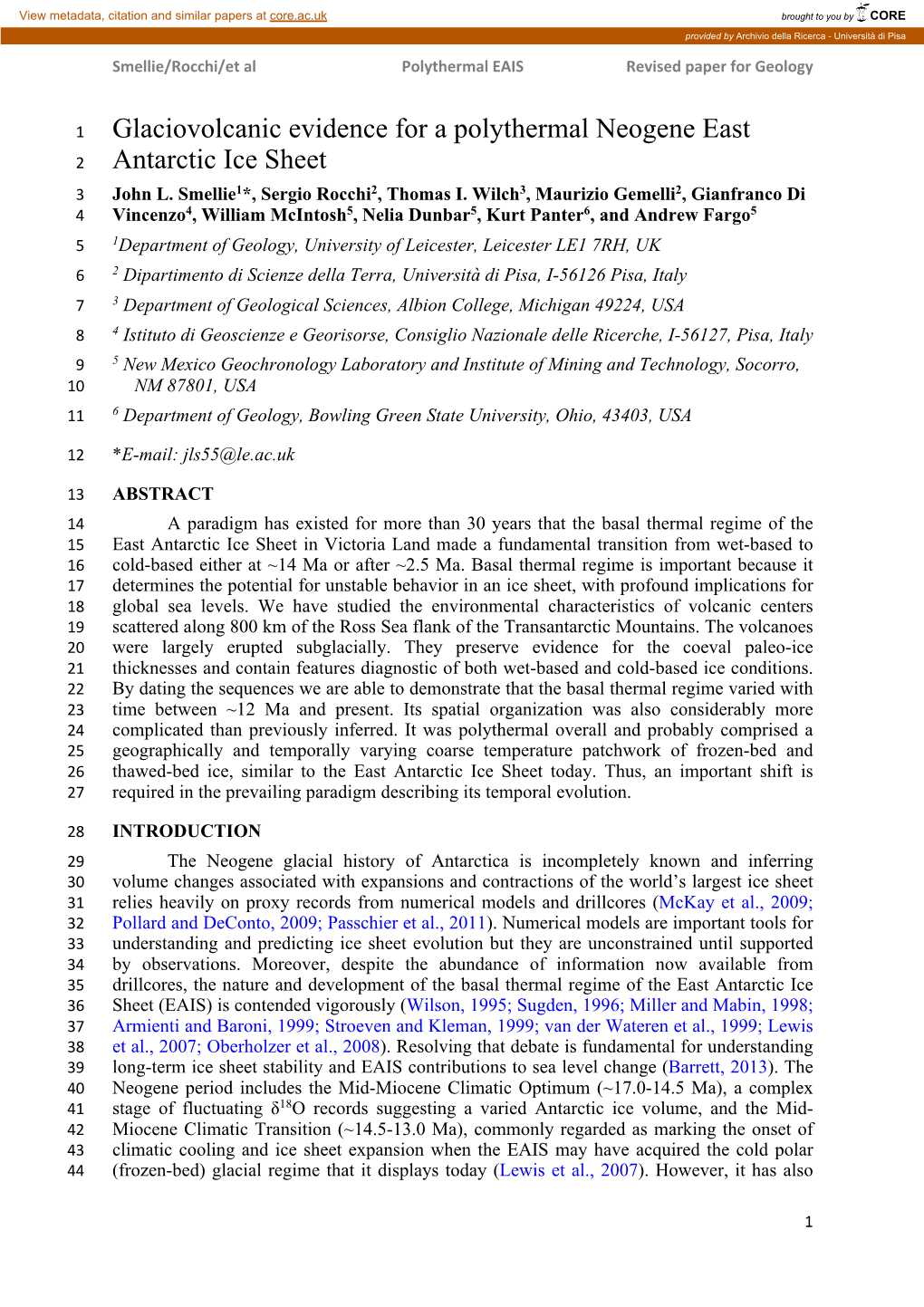 Glaciovolcanic Evidence for a Polythermal Neogene East Antarctic Ice Sheet John L