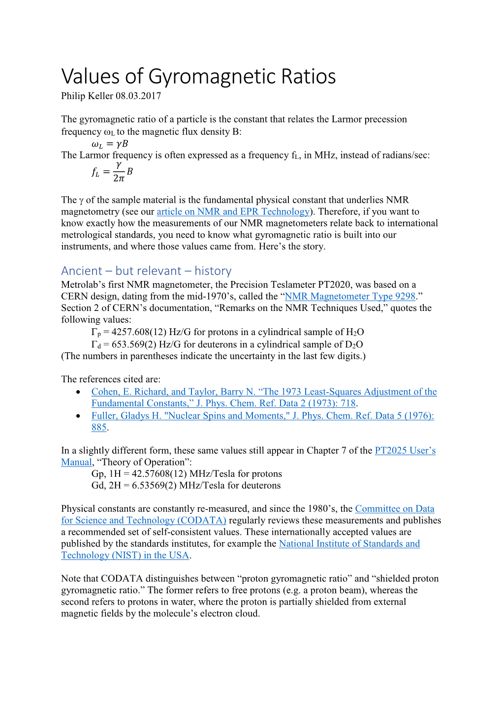 Values of Gyromagnetic Ratios Philip Keller 08.03.2017