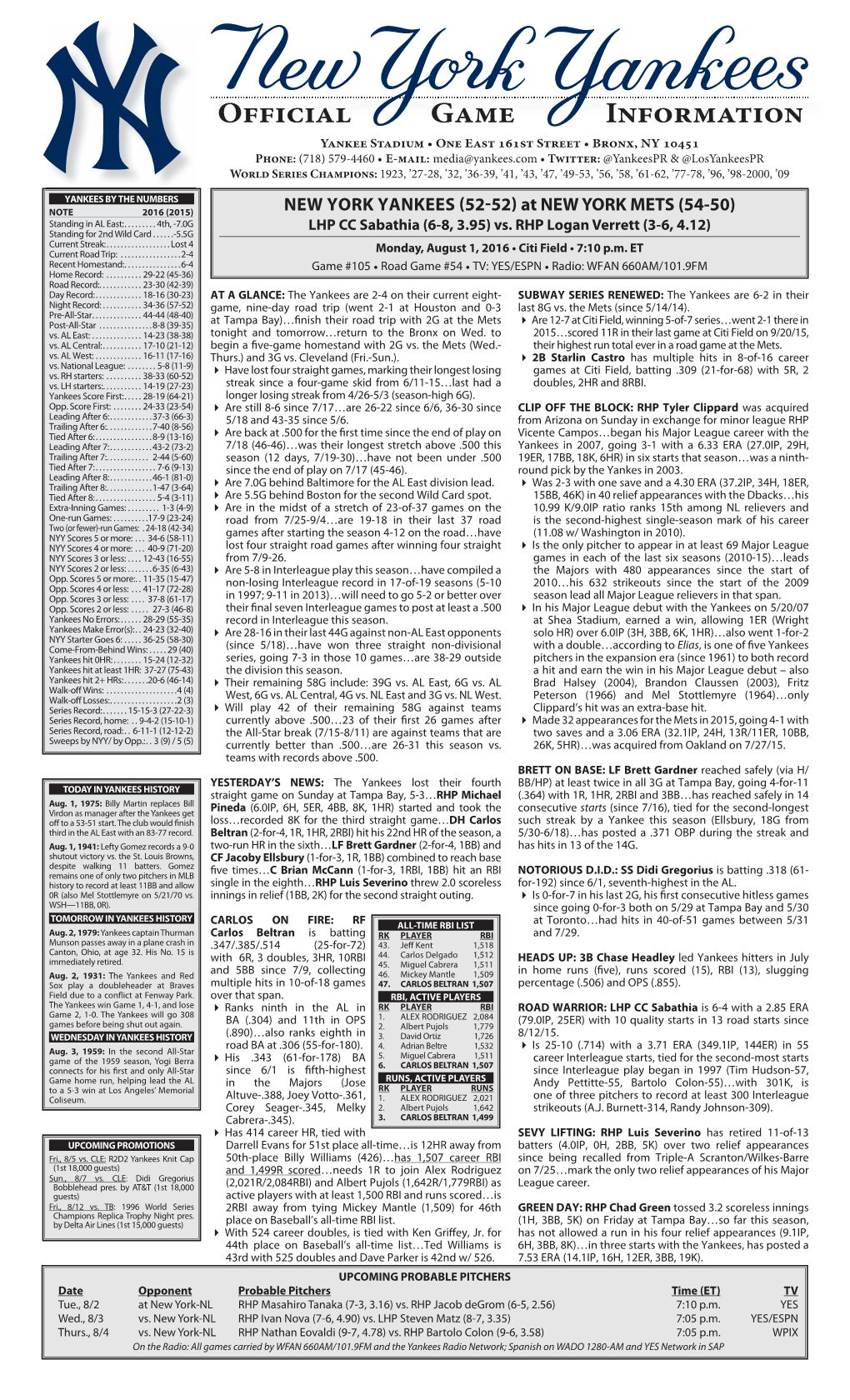 NYY Game Notes 08-01-16 at New York-NL.Indd
