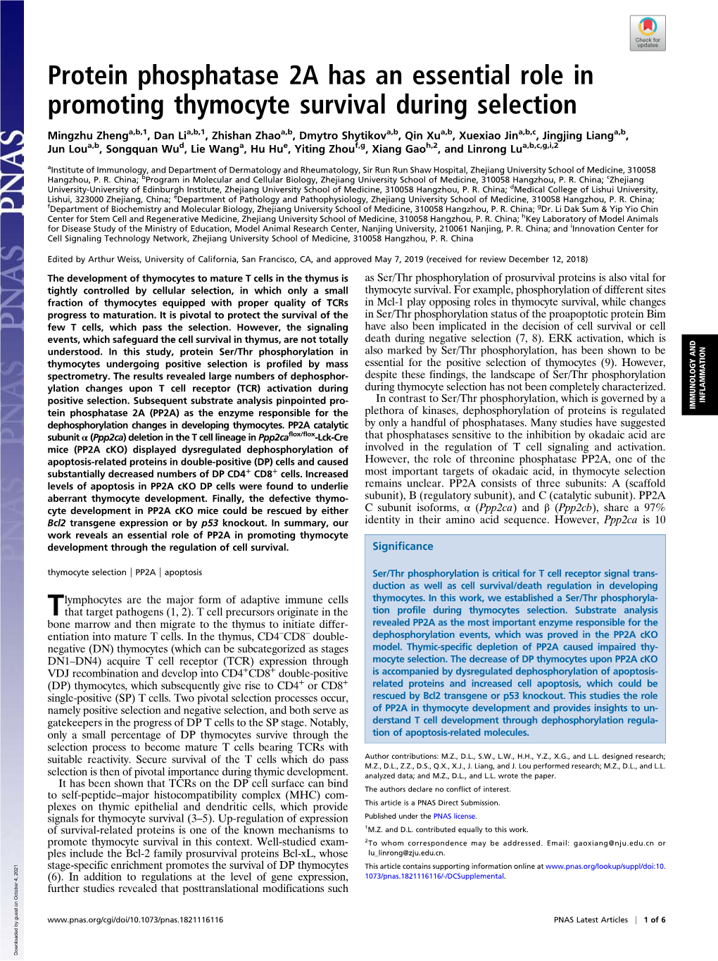 Protein Phosphatase 2A Has an Essential Role in Promoting Thymocyte Survival During Selection