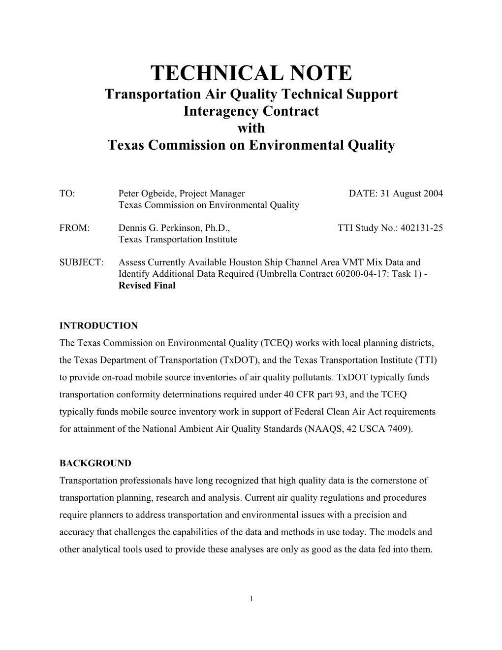 Assess Currently Available Houston Ship Channel Area VMT Mix Data and Identify Additional Data Required (Umbrella Contract 60200-04-17: Task 1) - Revised Final