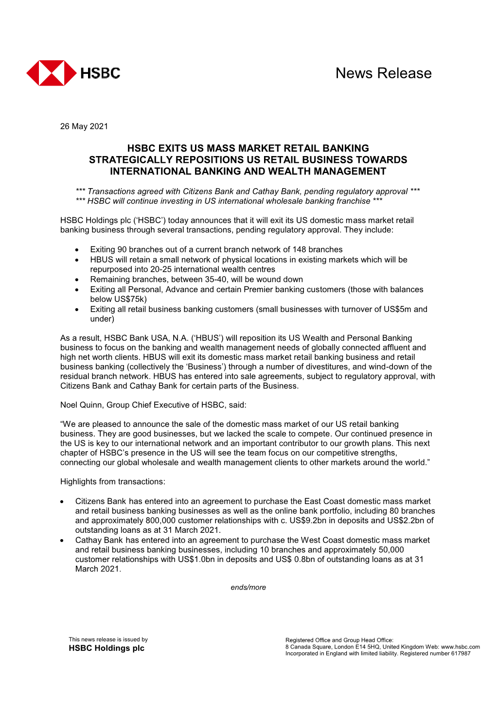 Hsbc Exits Us Mass Market Retail Banking Strategically Repositions Us Retail Business Towards International Banking and Wealth Management