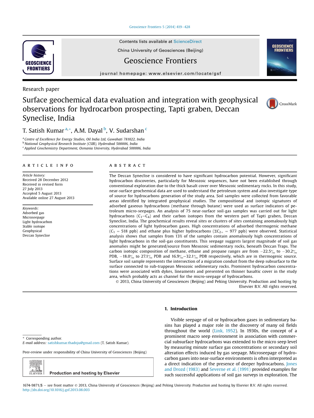 Surface Geochemical Data Evaluation and Integration with Geophysical Observations for Hydrocarbon Prospecting, Tapti Graben, Deccan Syneclise, India