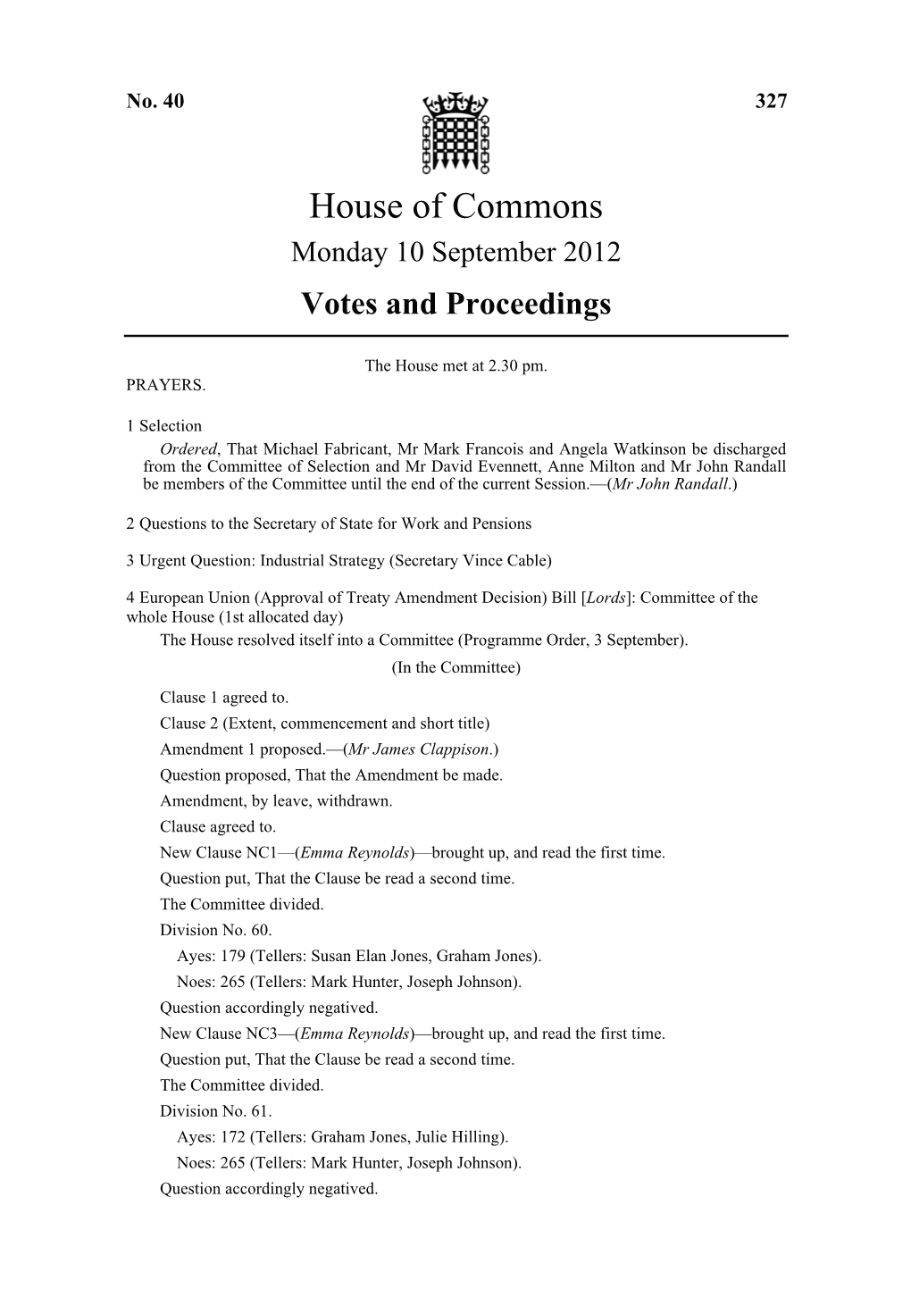 House of Commons Monday 10 September 2012 Votes and Proceedings