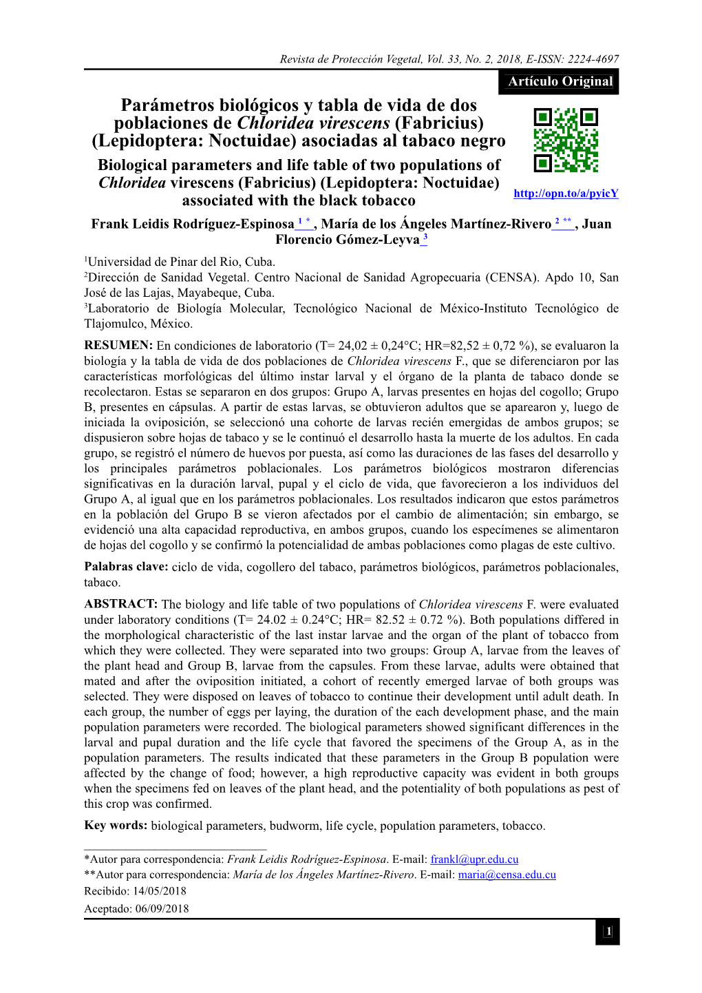 Parámetros Biológicos Y Tabla De Vida De Dos Poblaciones De Chloridea