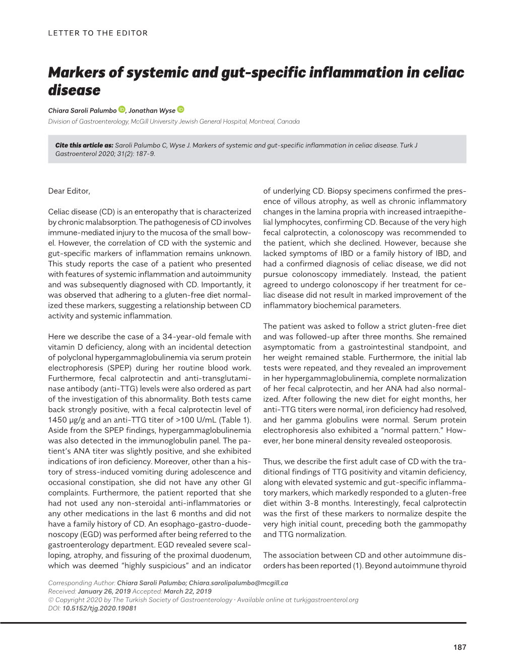 Markers of Systemic and Gut-Specific Inflammation in Celiac Disease