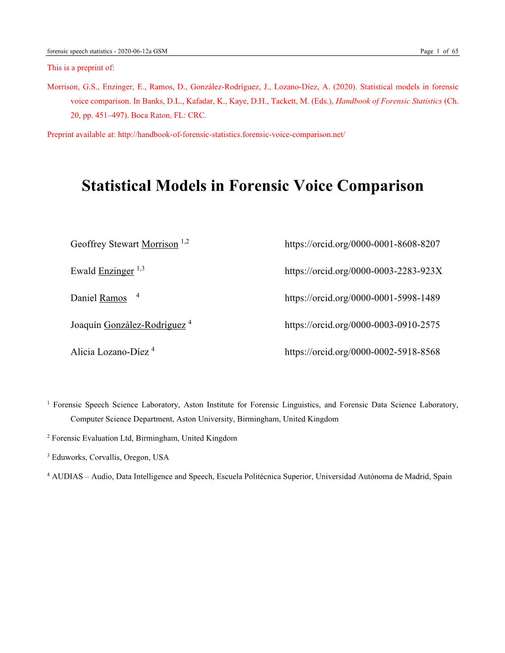 Statistical Models in Forensic Voice Comparison