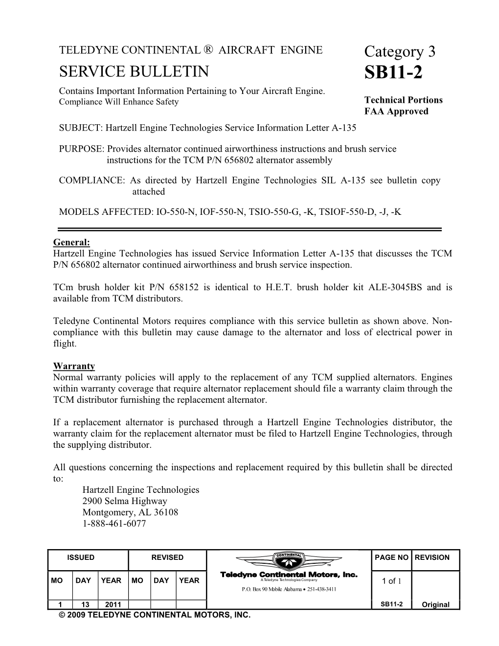 SB11-2 Contains Important Information Pertaining to Your Aircraft Engine