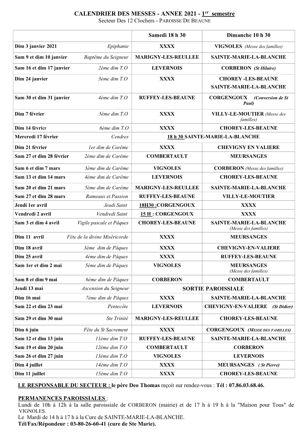 CALENDRIER DES MESSES - ANNEE 2021 - 1Er Semestre Secteur Des 12 Clochers - PAROISSE DE BEAUNE