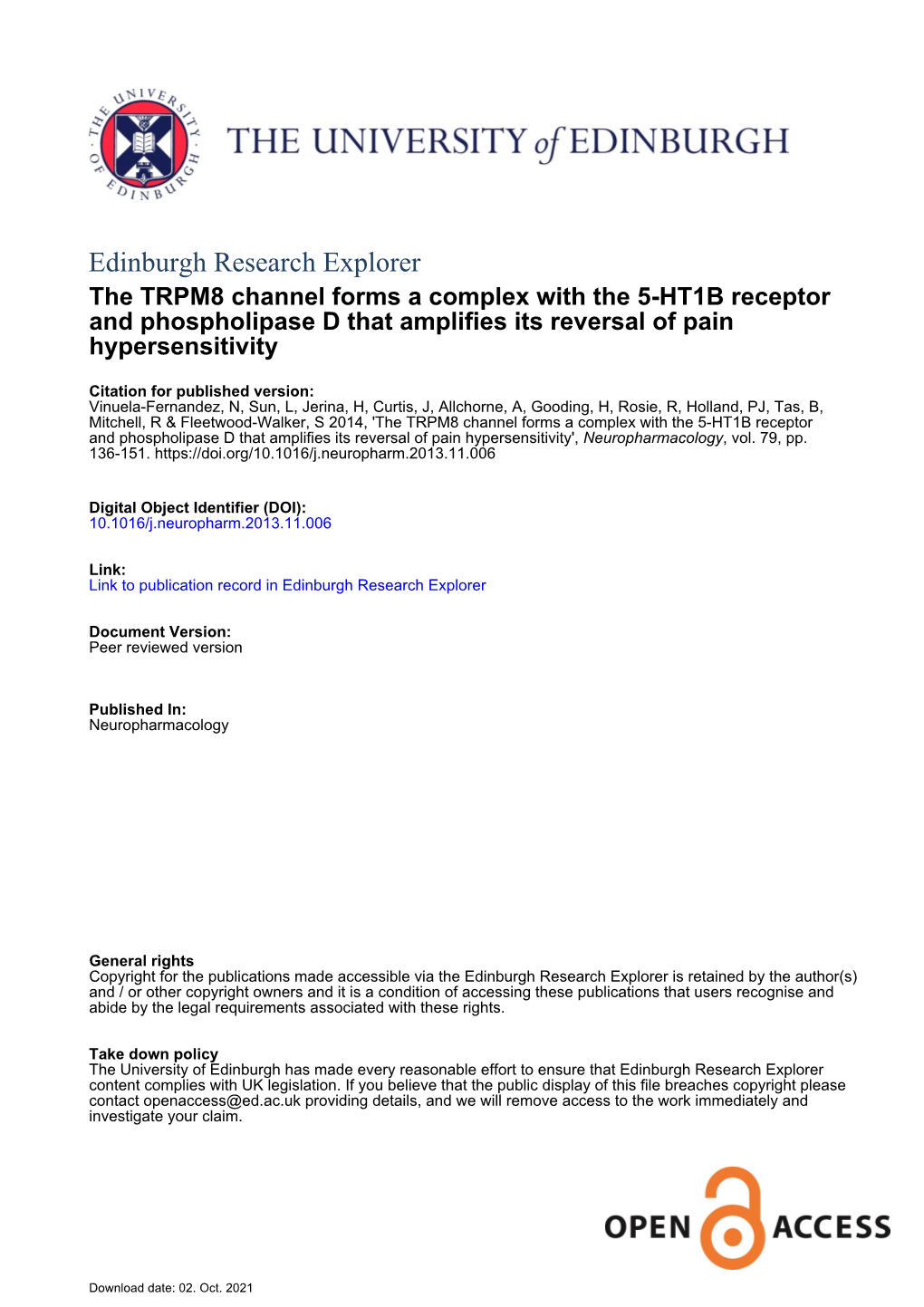 The TRPM8 Channel Forms a Complex with the 5-HT1B Receptor and Phospholipase D That Amplifies Its Reversal of Pain Hypersensitivity