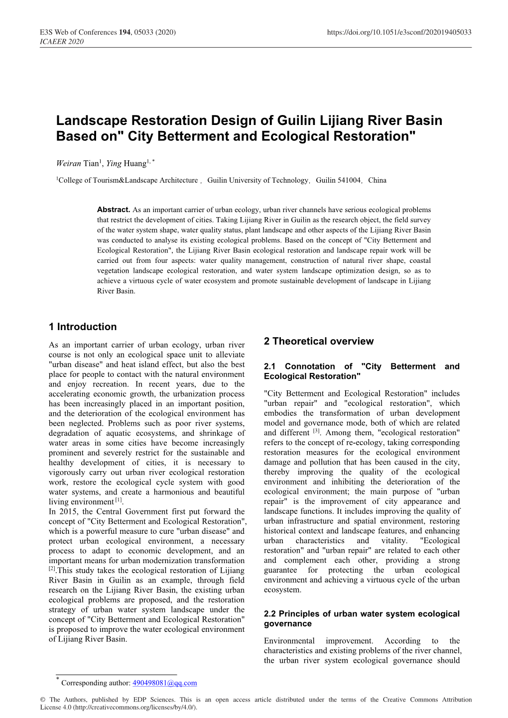 Landscape Restoration Design of Guilin Lijiang River Basin Based On" City Betterment and Ecological Restoration"