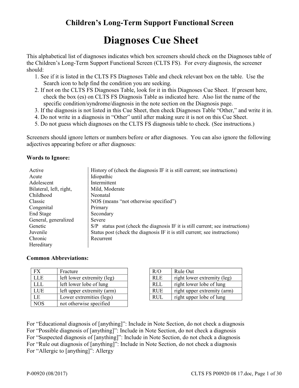 Diagnoses Cue Sheet, P-00920