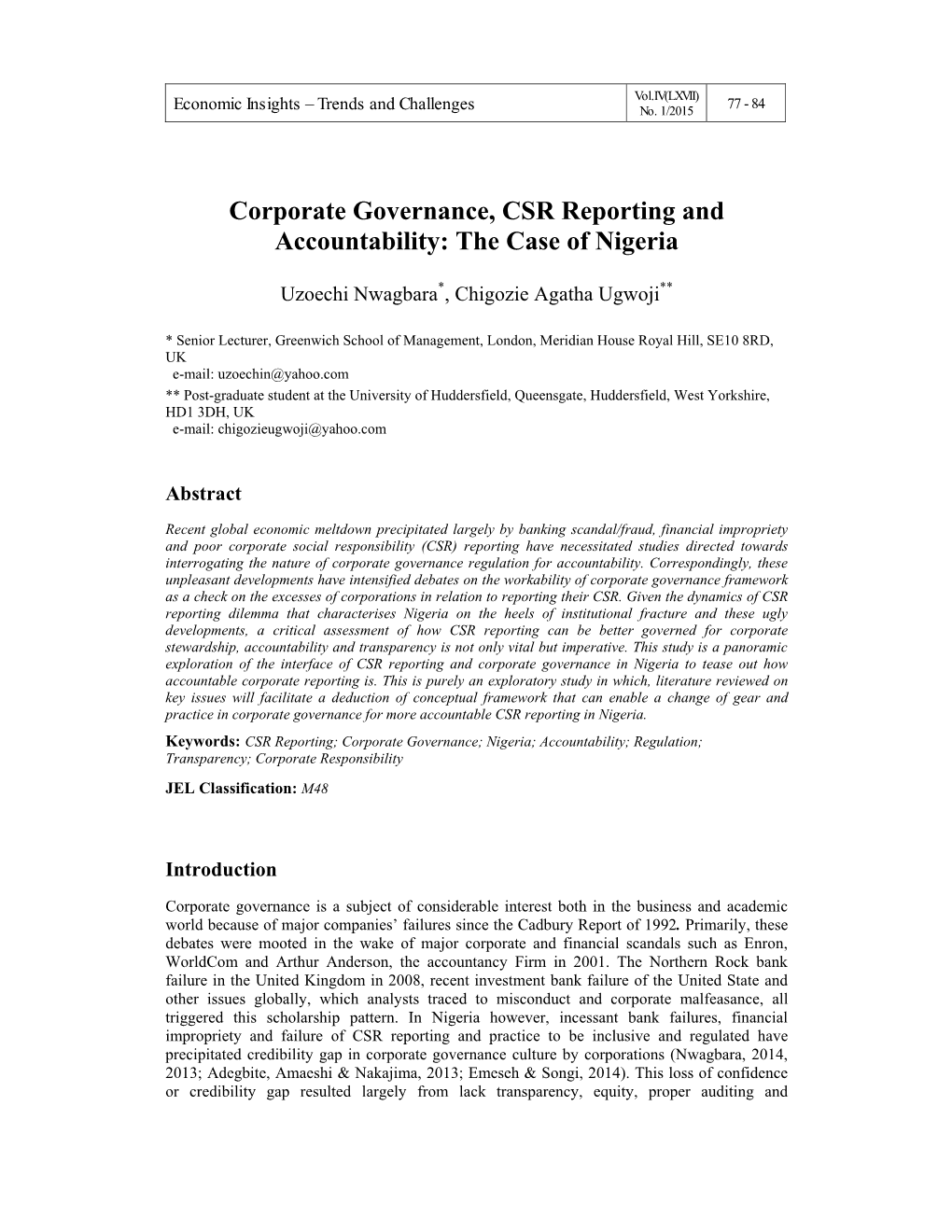Corporate Governance, CSR Reporting and Accountability: the Case of Nigeria