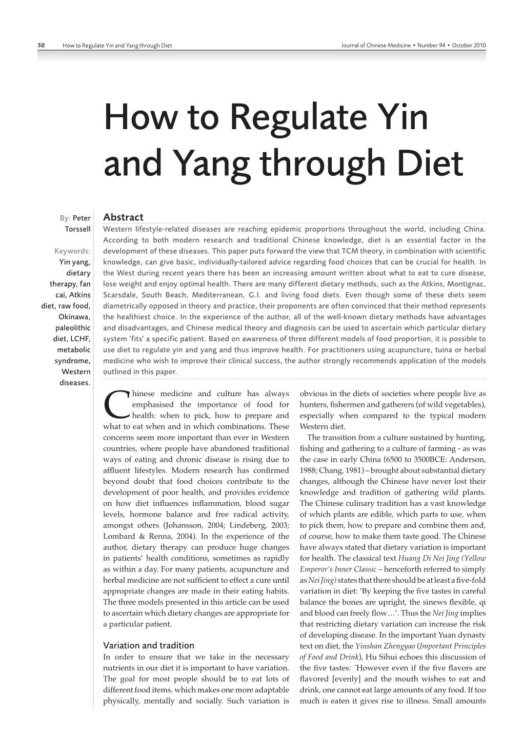 How to Regulate Yin and Yang Through Diet Journal of Chinese Medicine • Number 94 • October 2010