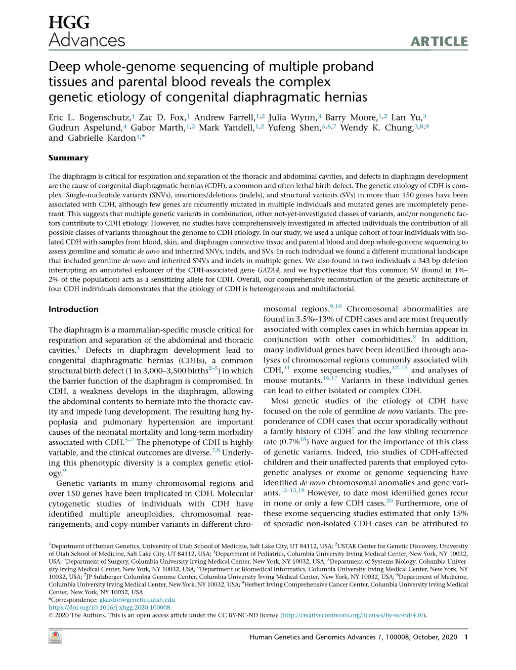 Deep Whole-Genome Sequencing of Multiple Proband Tissues and Parental Blood Reveals the Complex Genetic Etiology of Congenital Diaphragmatic Hernias