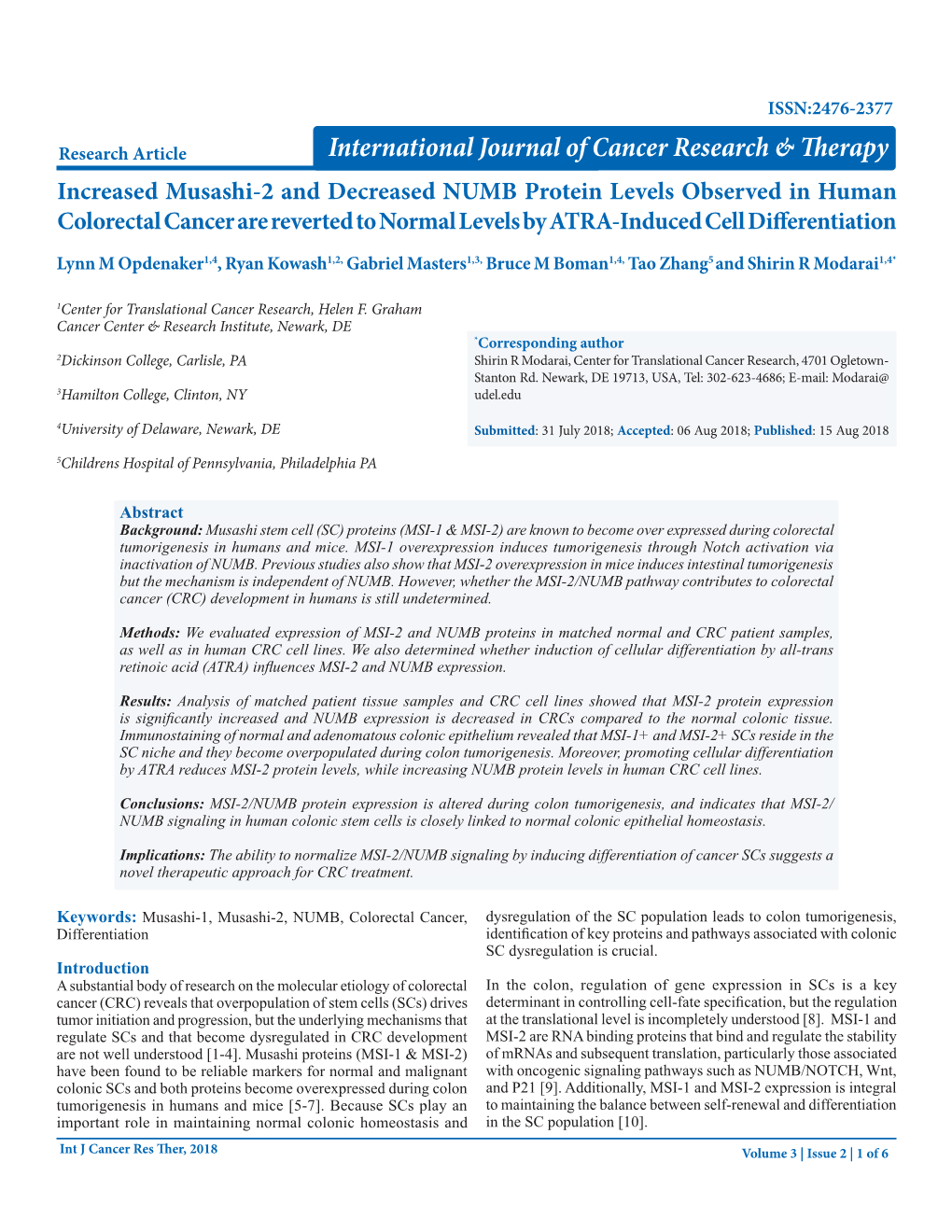 Increased Musashi-2 and Decreased NUMB Protein Levels Observed in Human Colorectal Cancer Are Reverted to Normal Levels by ATRA-Induced Cell Differentiation