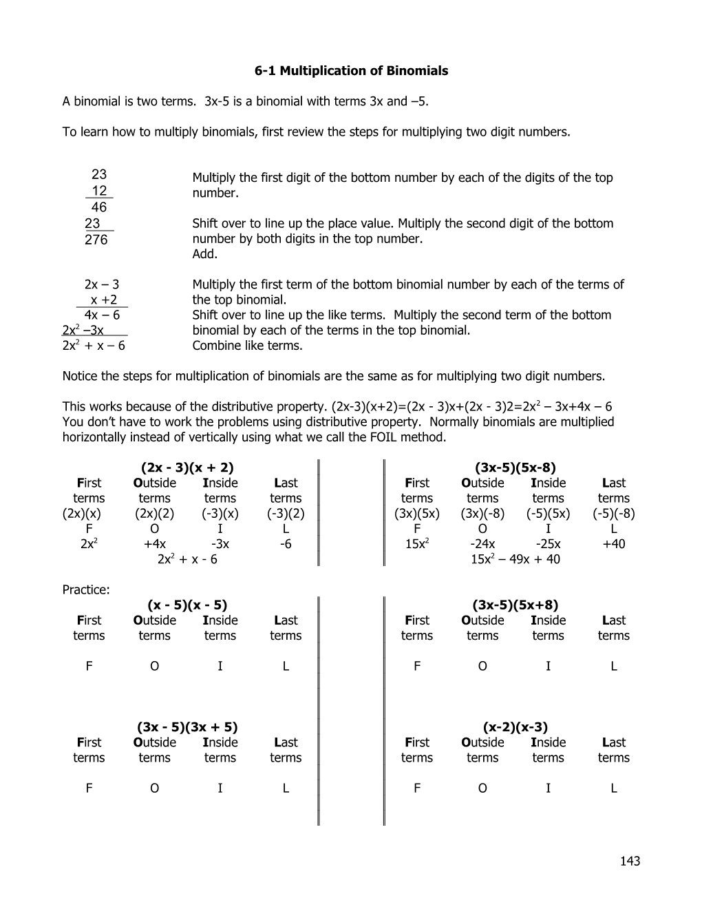 6-1 Multiplication of Binomials