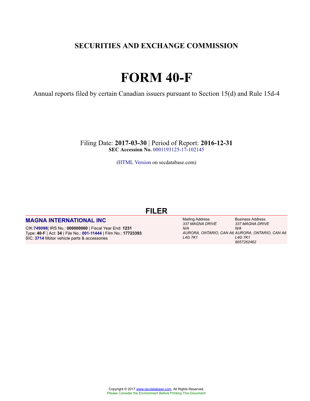 MAGNA INTERNATIONAL INC Form 40-F Filed 2017-03-30