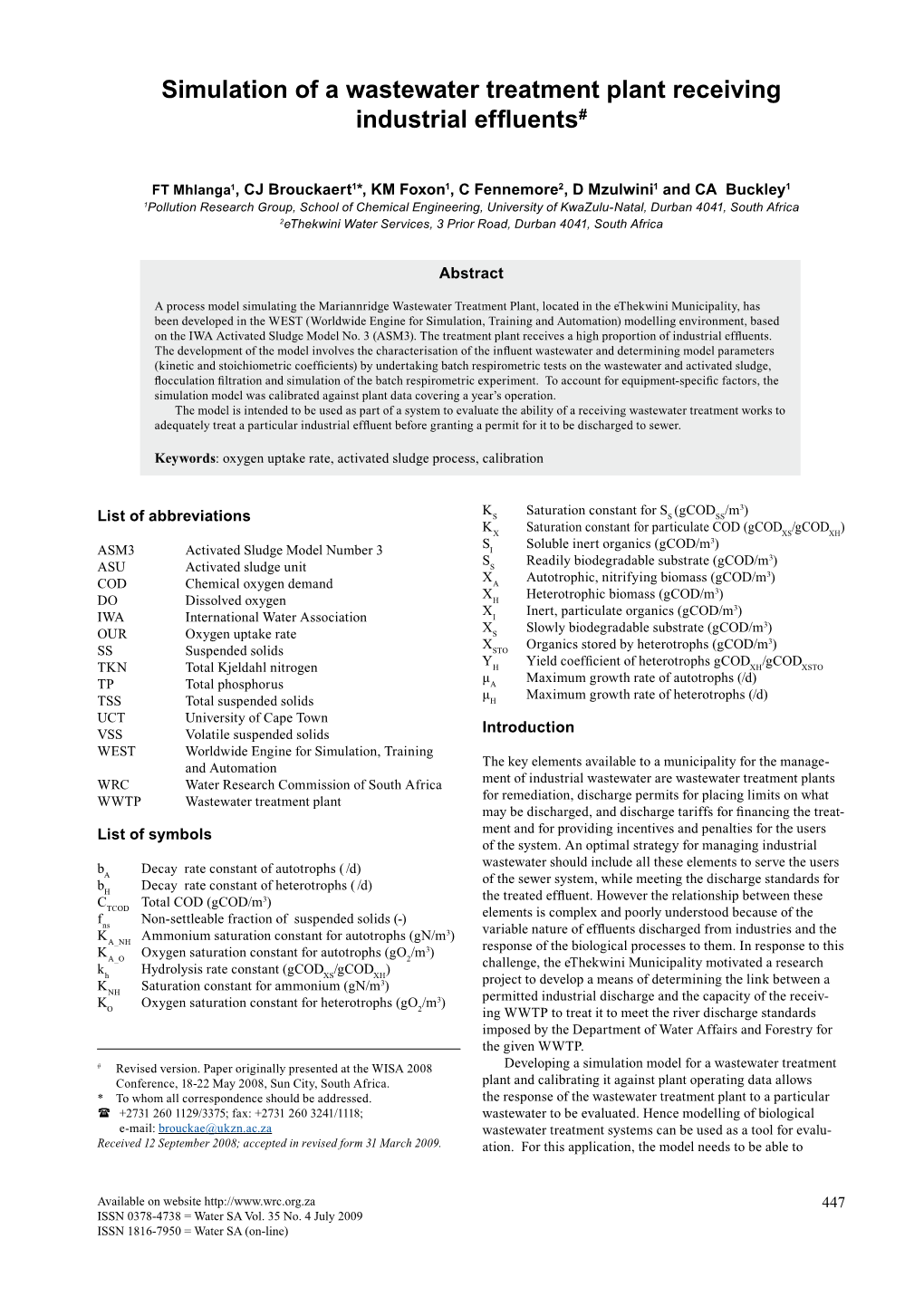 Simulation of a Wastewater Treatment Plant Receiving Industrial Effluents