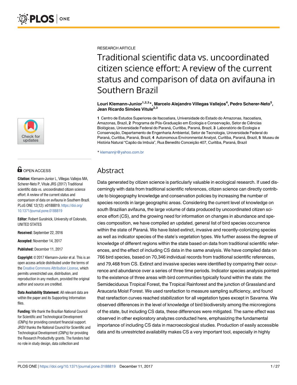 Traditional Scientific Data Vs. Uncoordinated Citizen Science Effort: a Review of the Current Status and Comparison of Data on Avifauna in Southern Brazil