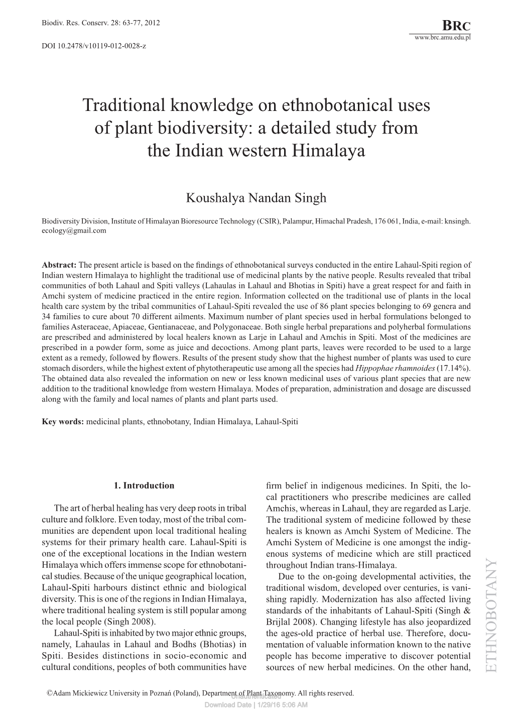 Traditional Knowledge on Ethnobotanical Uses of Plant Biodiversity: a Detailed Study from the Indian Western Himalaya