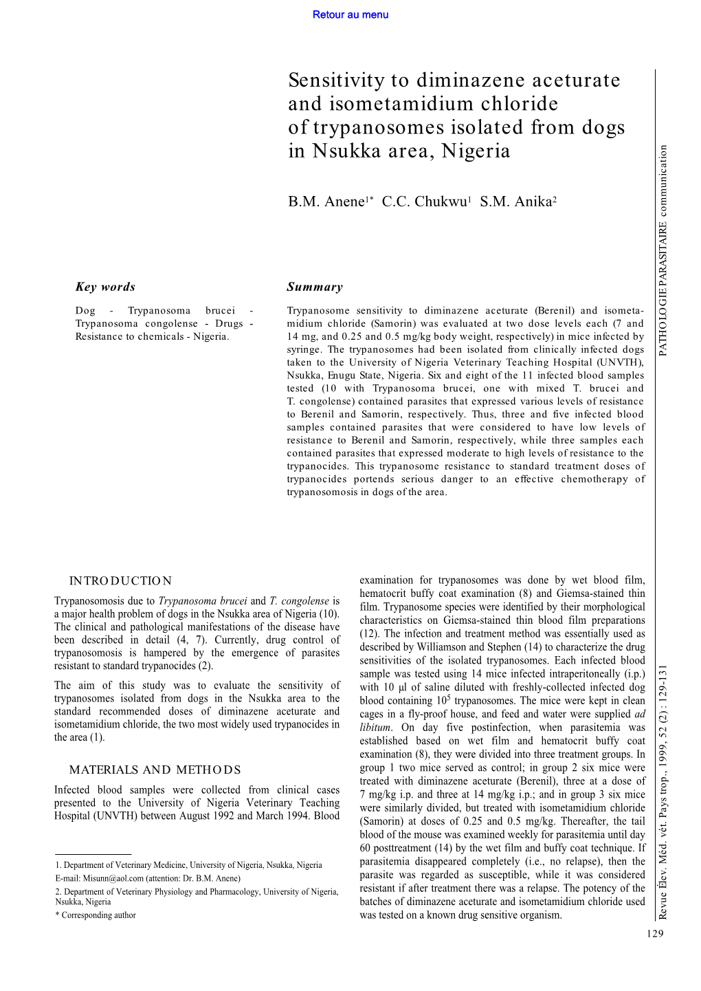 Sensitivity to Diminazene Aceturate and Isometamidium Chloride of Trypanosomes Isolated from Dogs in Nsukka Area, Nigeria