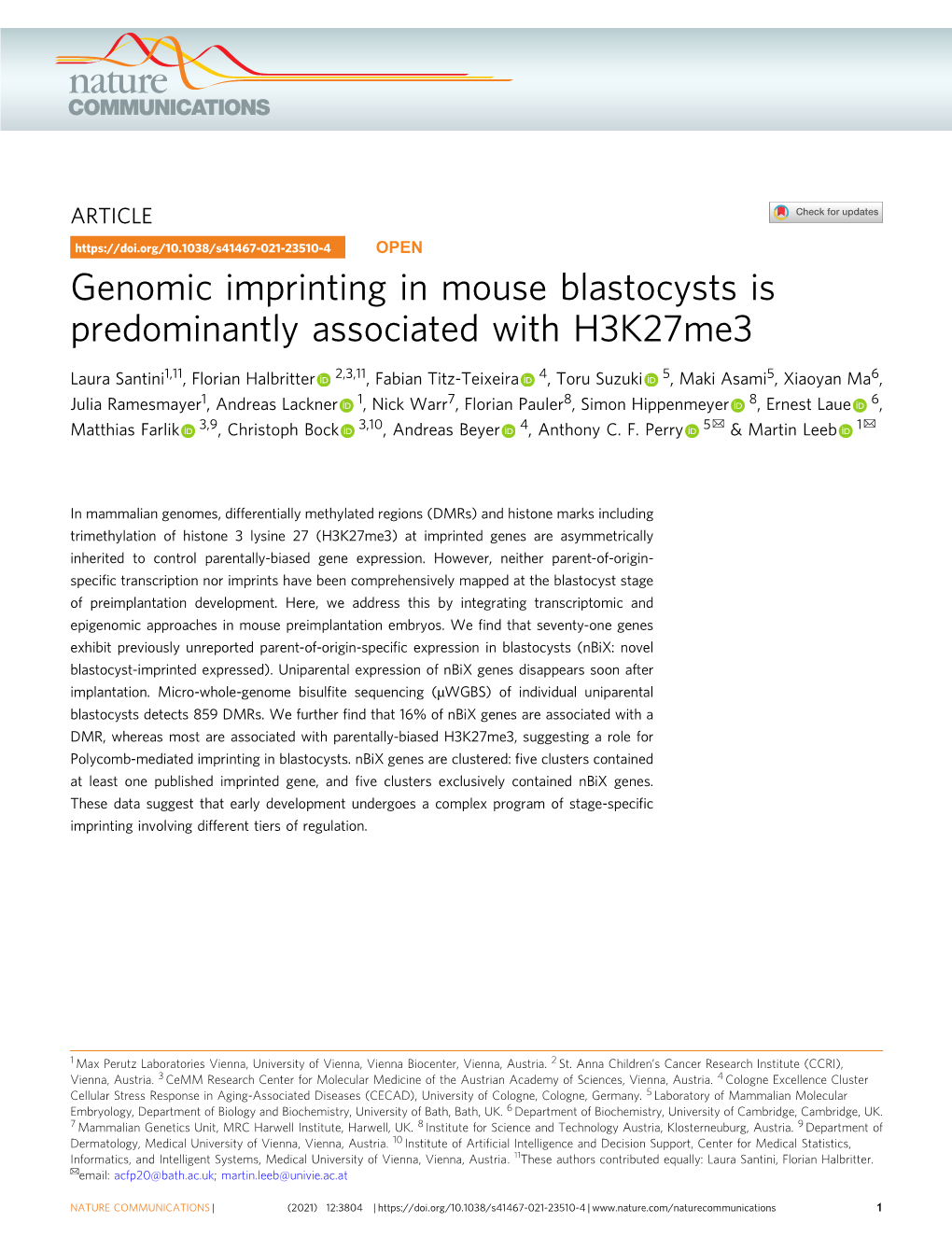 Genomic Imprinting in Mouse Blastocysts Is Predominantly Associated with H3k27me3