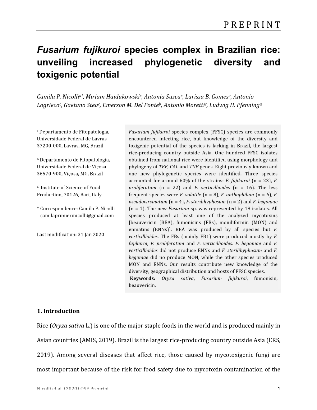 Fusarium Fujikuroi Species Complex in Brazilian Rice: Unveiling Increased Phylogenetic Diversity and Toxigenic Potential