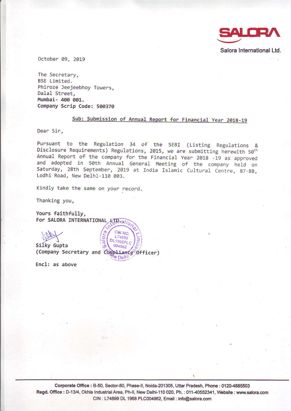 Salora International Ltd. D – 13/4, Okhla Industrial Area, Phase – Ii, New Delhi – 110 020