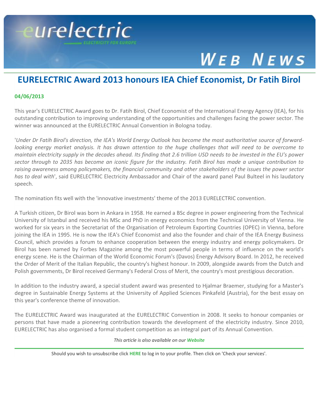 EURELECTRIC Award 2013 Honours IEA Chief Economist, Dr Fatih Birol