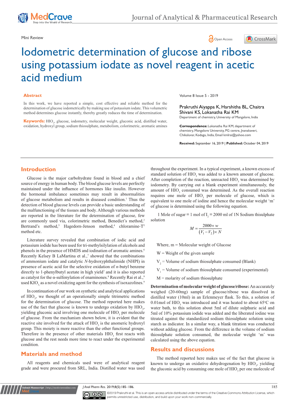 Iodometric Determination of Glucose and Ribose Using Potassium Iodate As Novel Reagent in Acetic Acid Medium