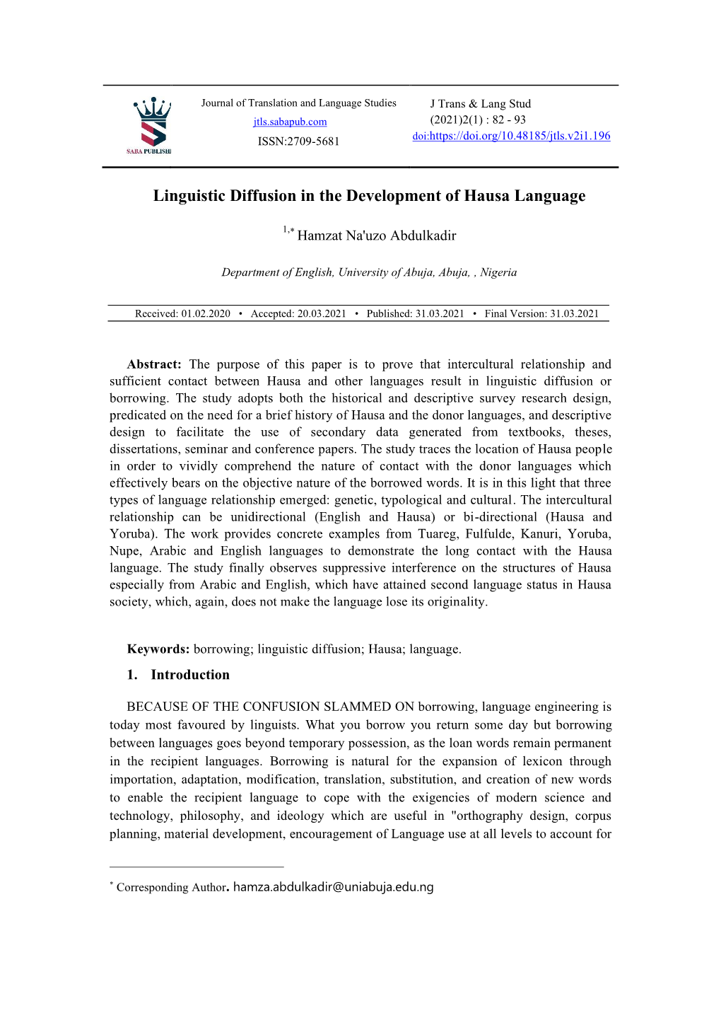 Linguistic Diffusion in the Development of Hausa Language