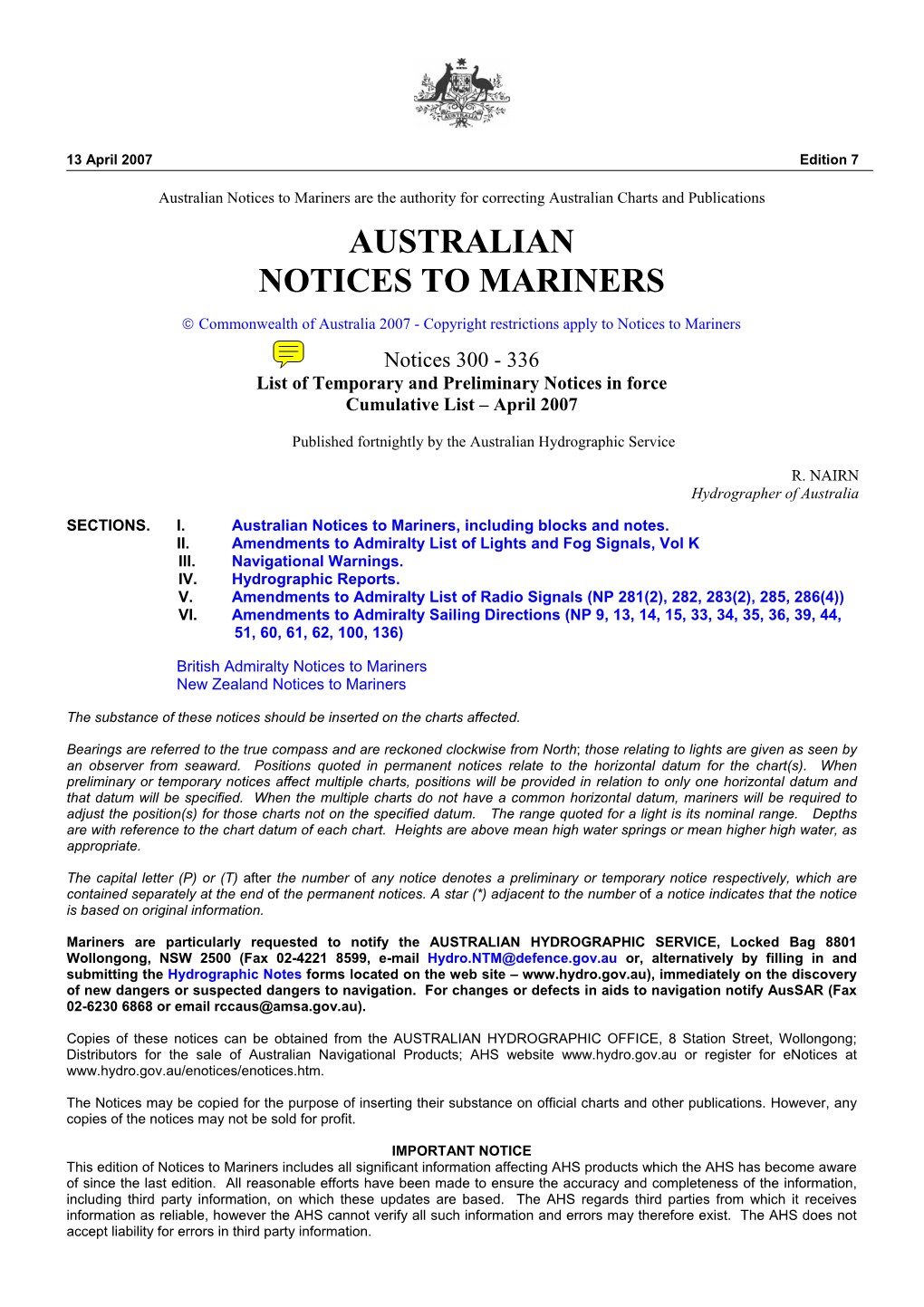 Australian Notices to Mariners Are the Authority for Correcting Australian Charts and Publications