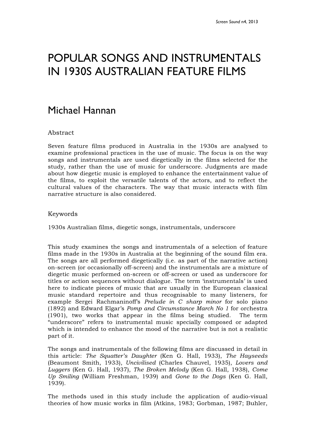 Popular Songs and Instrumentals in 1930S Australian Feature Films