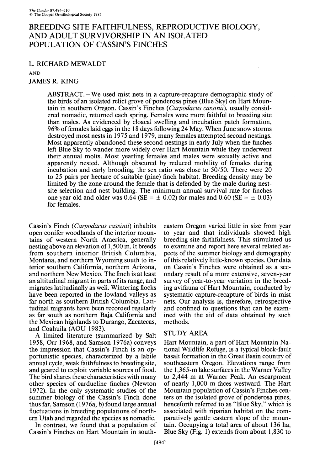 Breeding Site Faithfulness, Reproductive Biology, and Adult Survivorship in an Isolated Population of Cassin's Finches