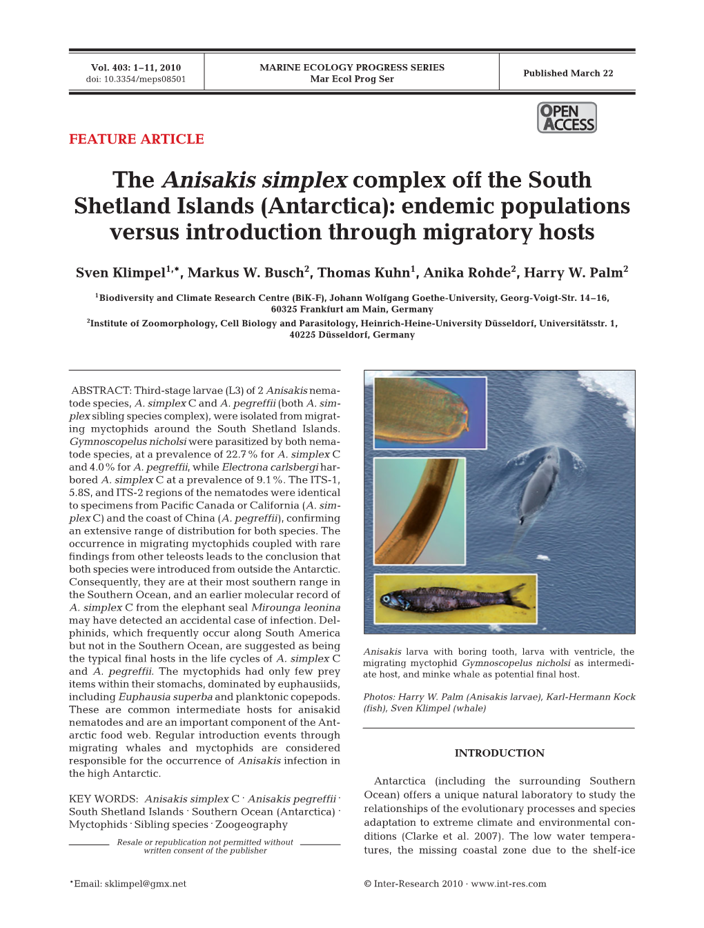 The Anisakis Simplex Complex Off the South Shetland Islands (Antarctica): Endemic Populations Versus Introduction Through Migratory Hosts