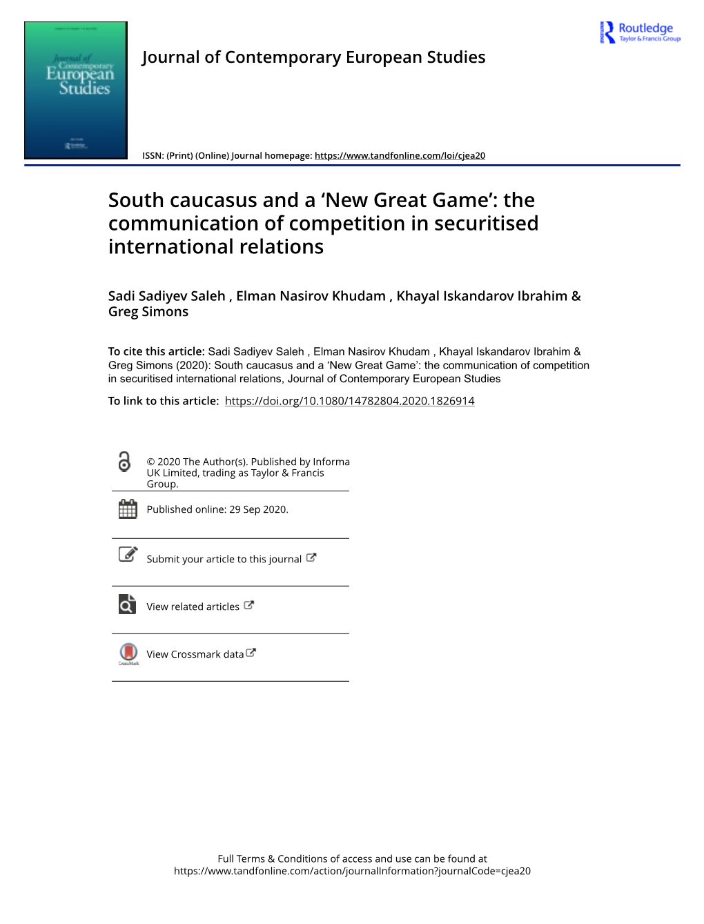 South Caucasus and a ‘New Great Game’: the Communication of Competition in Securitised International Relations