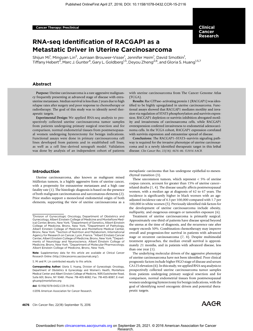 RNA-Seq Identification of RACGAP1 As a Metastatic Driver in Uterine Carcinosarcoma