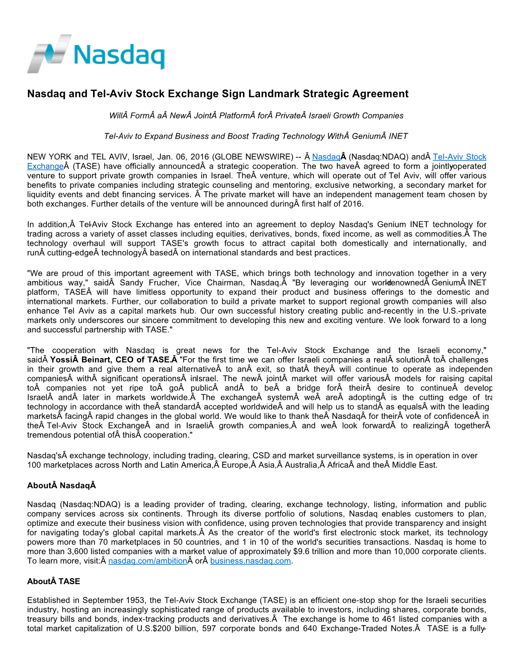 Nasdaq and Tel-Aviv Stock Exchange Sign Landmark Strategic Agreement