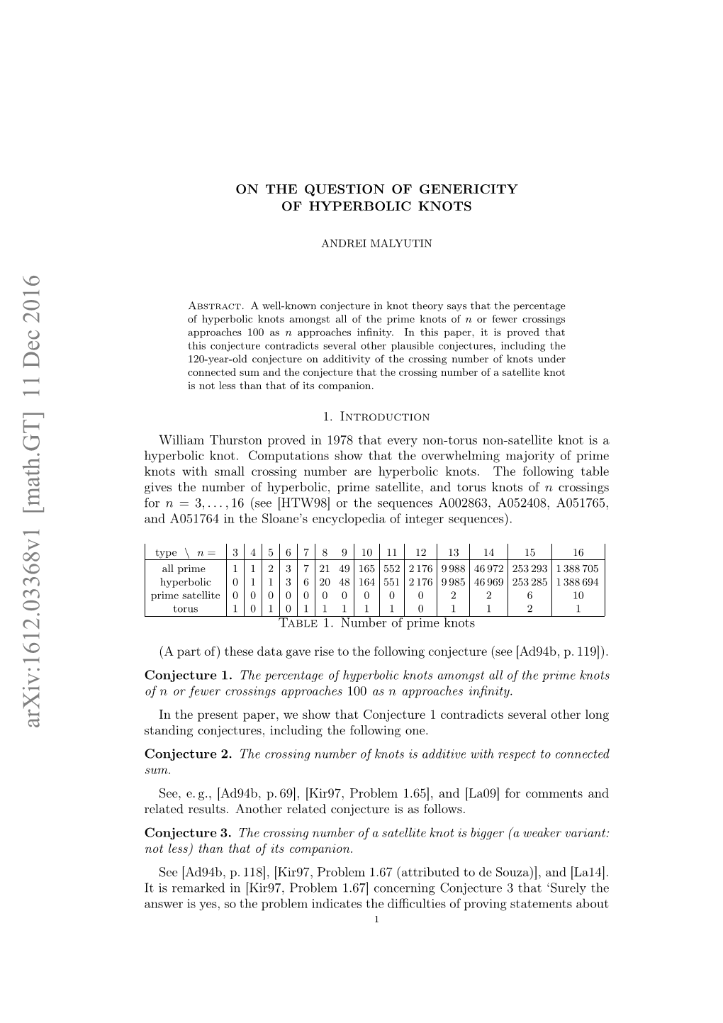 Arxiv:1612.03368V1 [Math.GT] 11 Dec 2016 of 1